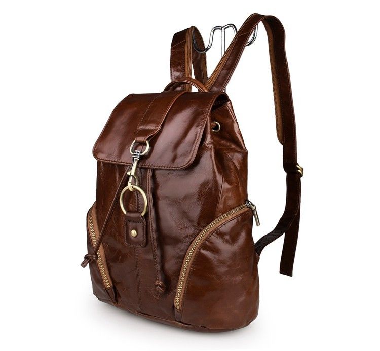 7286B 100 Genuine Brown Leather Hiking Backpack Flapover with Buckle